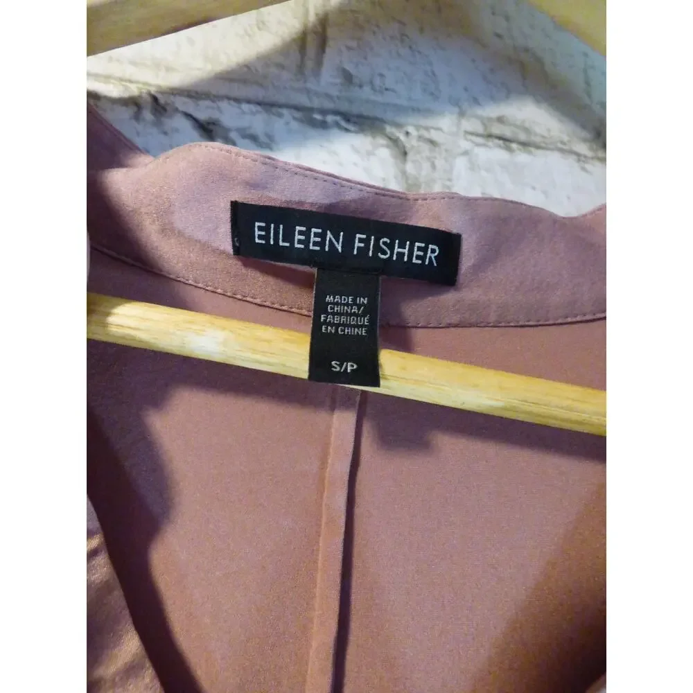 Eileen Fisher Rose Quartz Stretch Silk Charmeuse Mandarin Collar Top Small - Picture 3 of 7